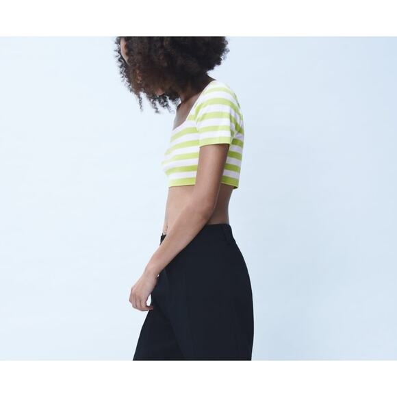 Zara Green White Striped Crop Top M - Picture 2 of 4